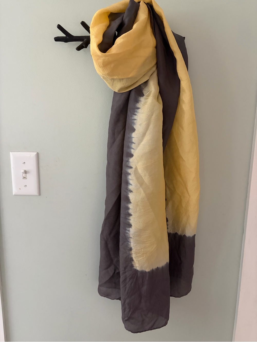 Silk Scarf hand rolled hem Yellow and Charcoal Ombre dyed Scarf